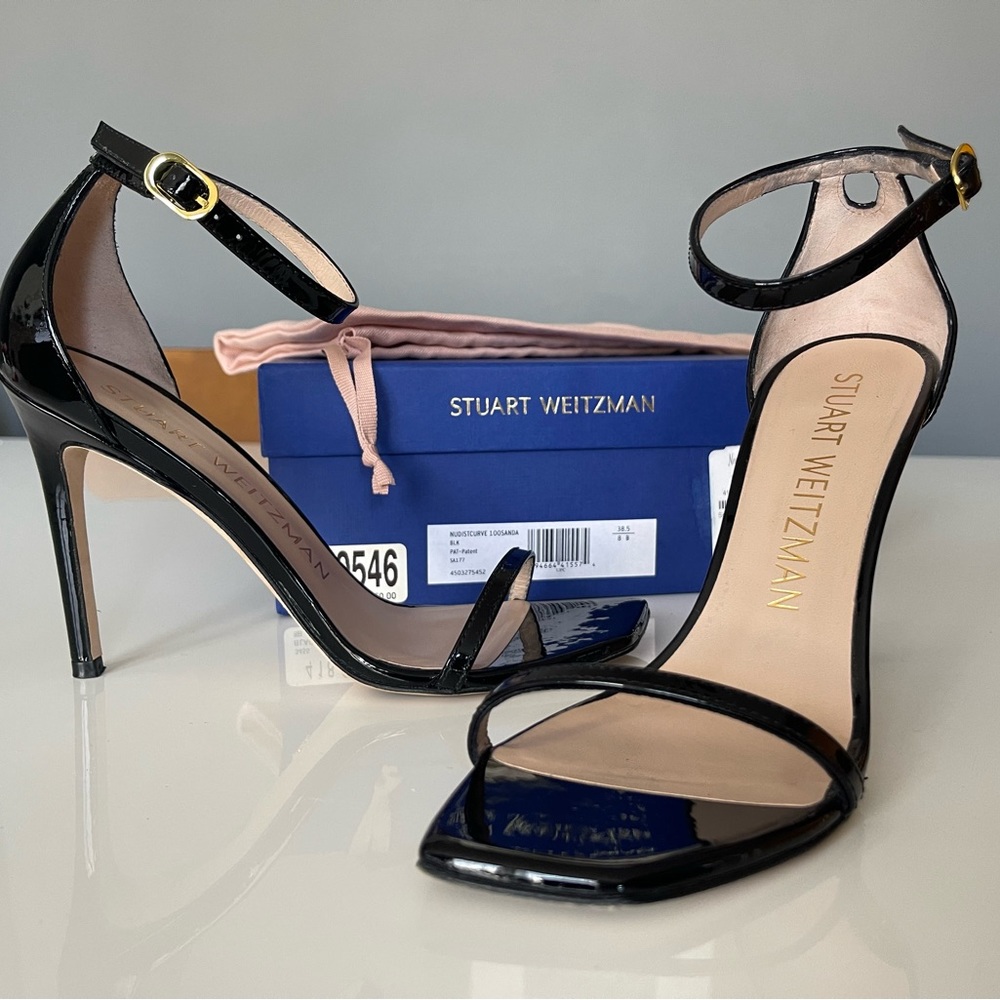 Stuart Weitzman black patent Nudistcurve Ankle Strap Sandal worn ONCE!!